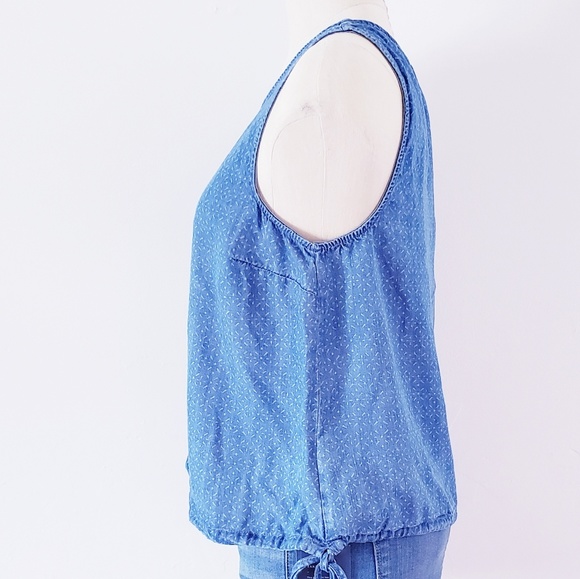 Women's chambray denim drawstring tan top shirt - Picture 3 of 4